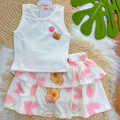 Conj. Regata e Short Saia Capivara - Off White e Rosa